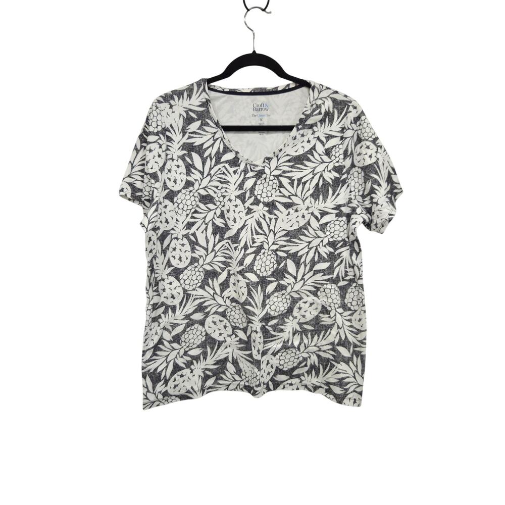 Croft & Barrow White Black Tropical Floral Botanical Print Top Plus Size 1X
